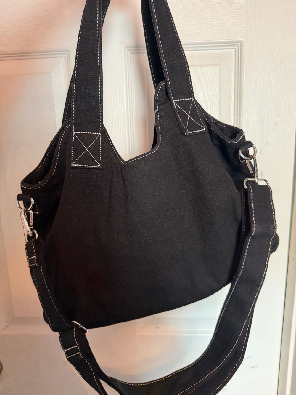 True Religion Black Canvas Tote with White Stitching | Crossbody and Shoulder - Picture 2 of 3